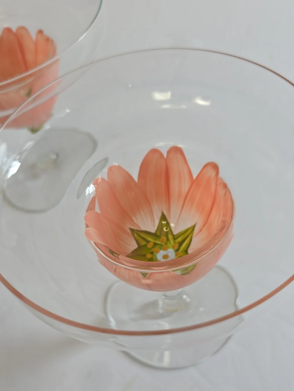 Vintage MCM Tiki Set Of 3 Handpainted Pink Tulip Margarita Stemware Glasses